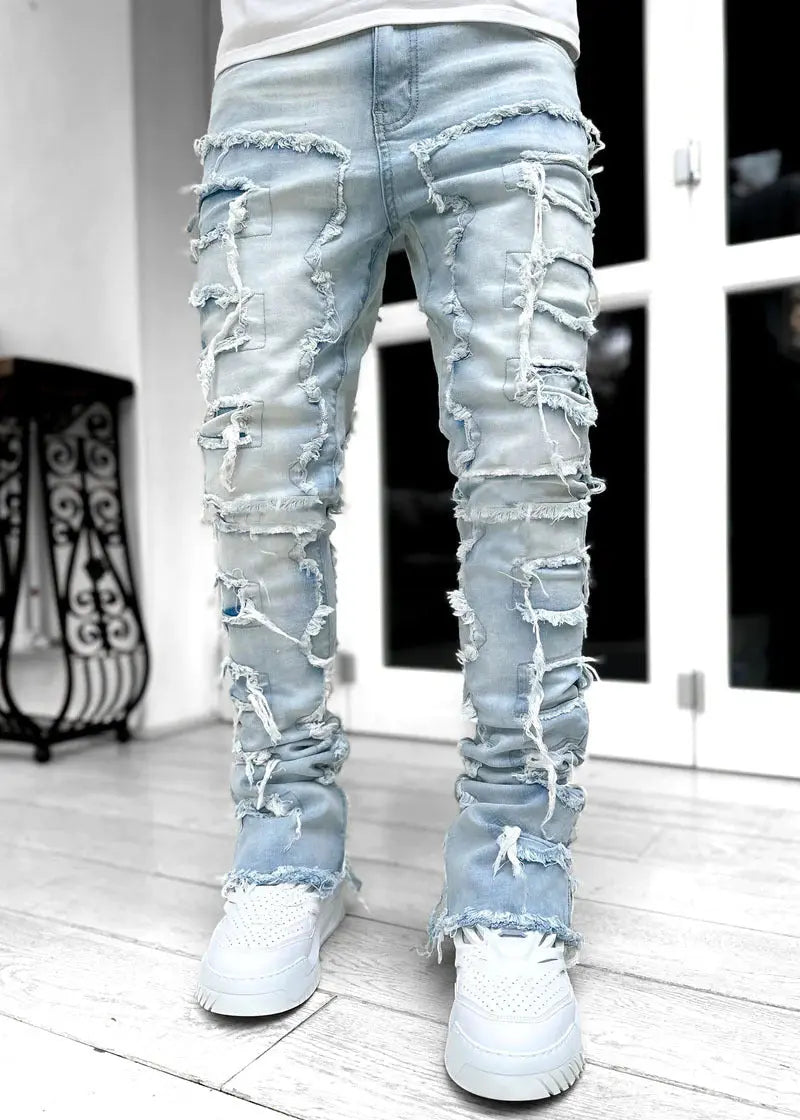 Men Trousers Individual Patched Pants Long Tight Fit Stacked Jeans for Mens Clothing - Basili Apparel Co.313031848863