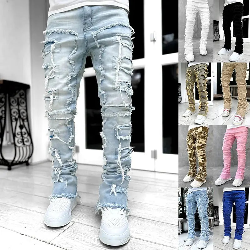 Men Trousers Individual Patched Pants Long Tight Fit Stacked Jeans for Mens Clothing - Basili Apparel Co.313106761745