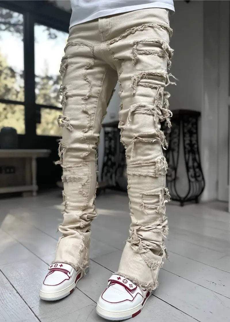 Men Trousers Individual Patched Pants Long Tight Fit Stacked Jeans for Mens Clothing - Basili Apparel Co.726084666504