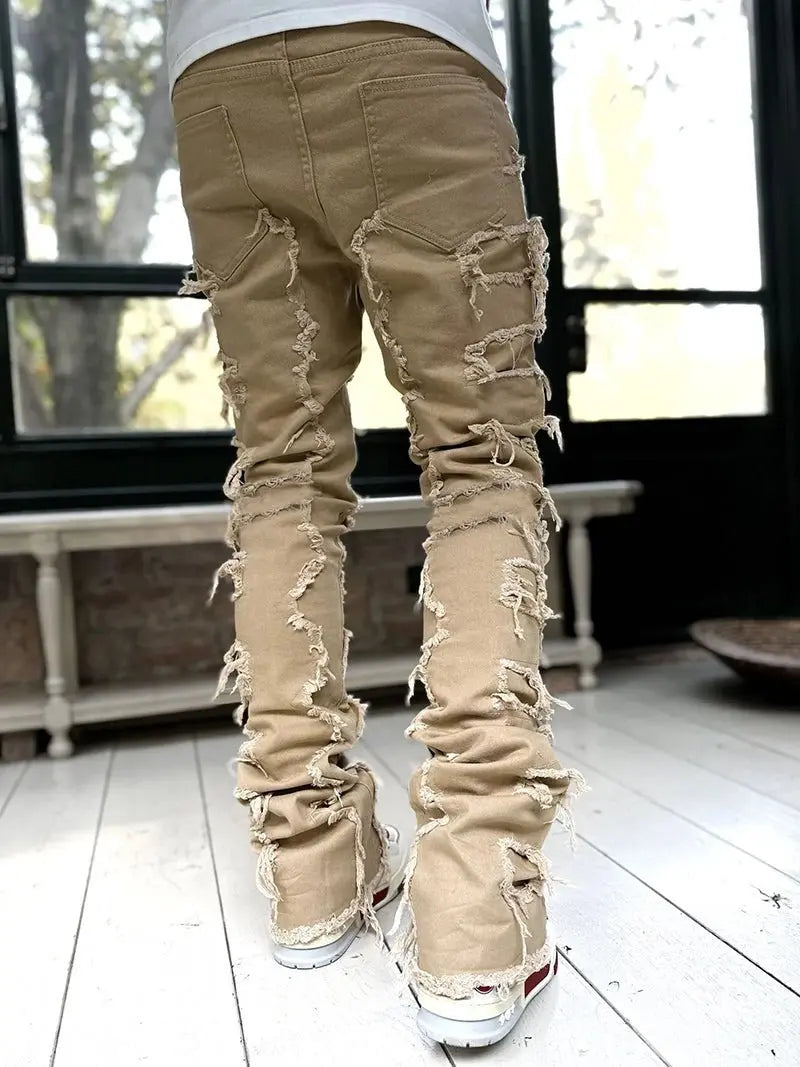 Men Trousers Individual Patched Pants Long Tight Fit Stacked Jeans for Mens Clothing - Basili Apparel Co.7445010130195