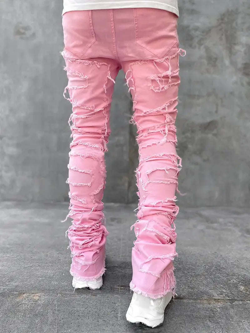 Men Trousers Individual Patched Pants Long Tight Fit Stacked Jeans for Mens Clothing - Basili Apparel Co.313038961978