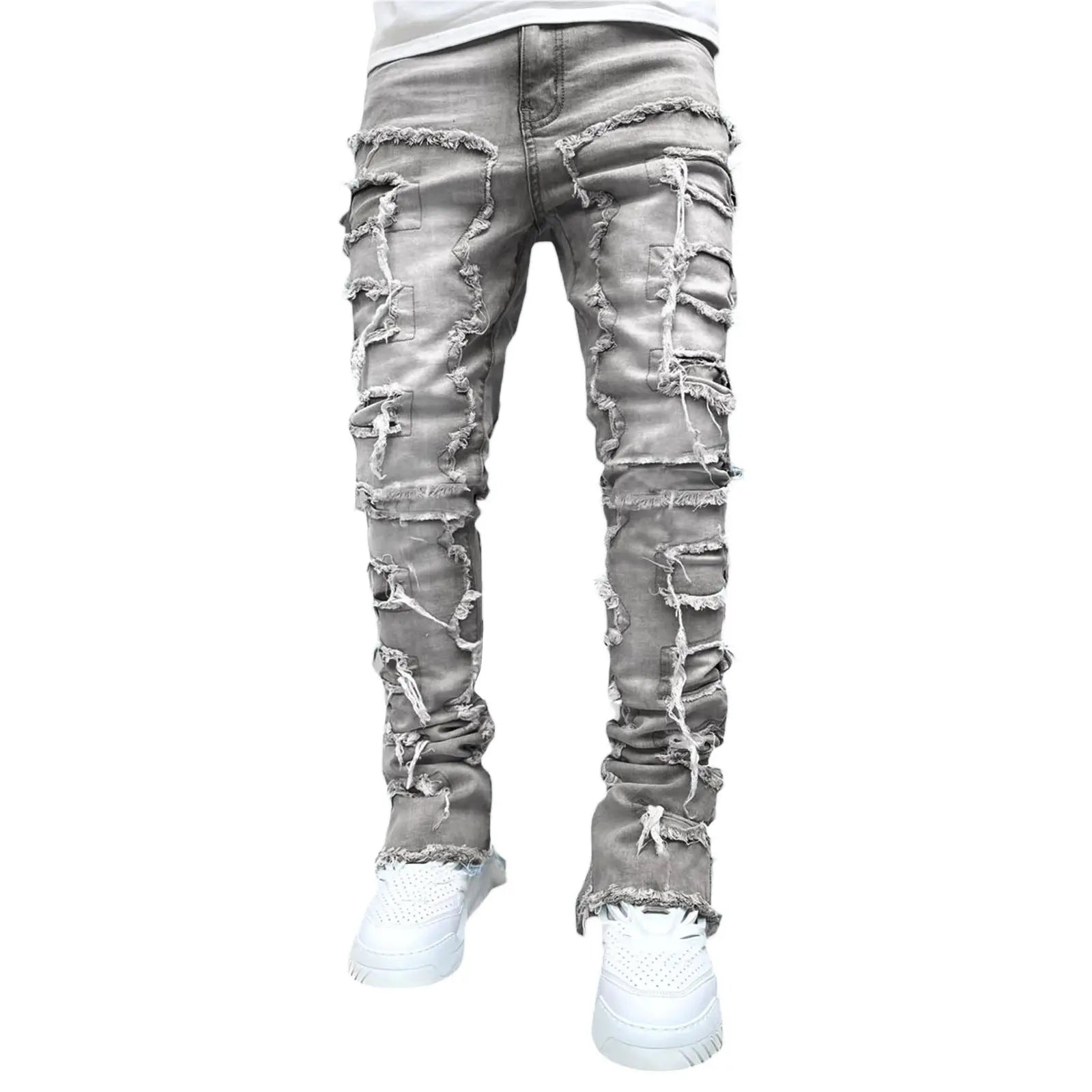 Men Trousers Individual Patched Pants Long Tight Fit Stacked Jeans for Mens Clothing - Basili Apparel Co.313031848863