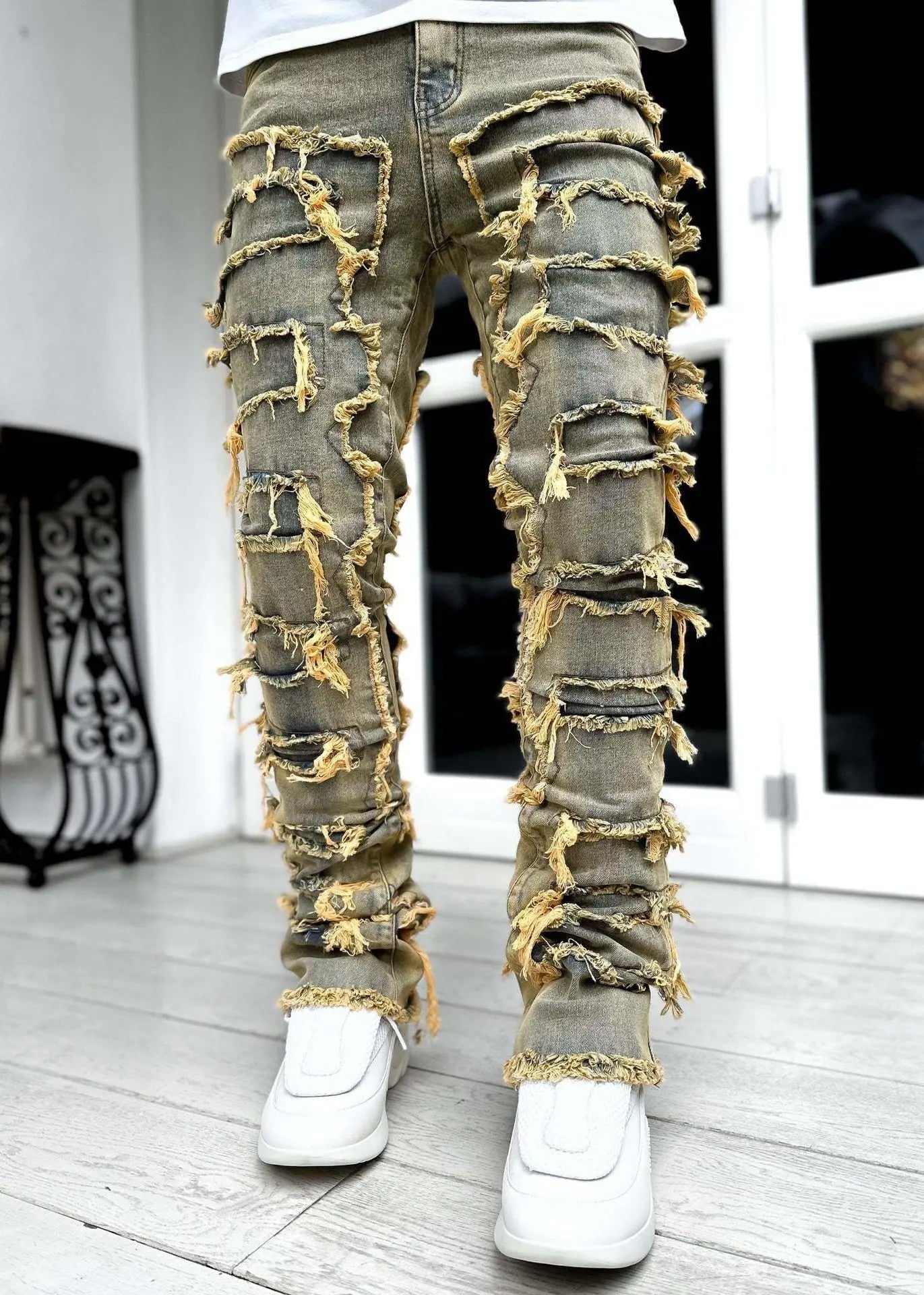 Men Trousers Individual Patched Pants Long Tight Fit Stacked Jeans for Mens Clothing - Basili Apparel Co.313031848863