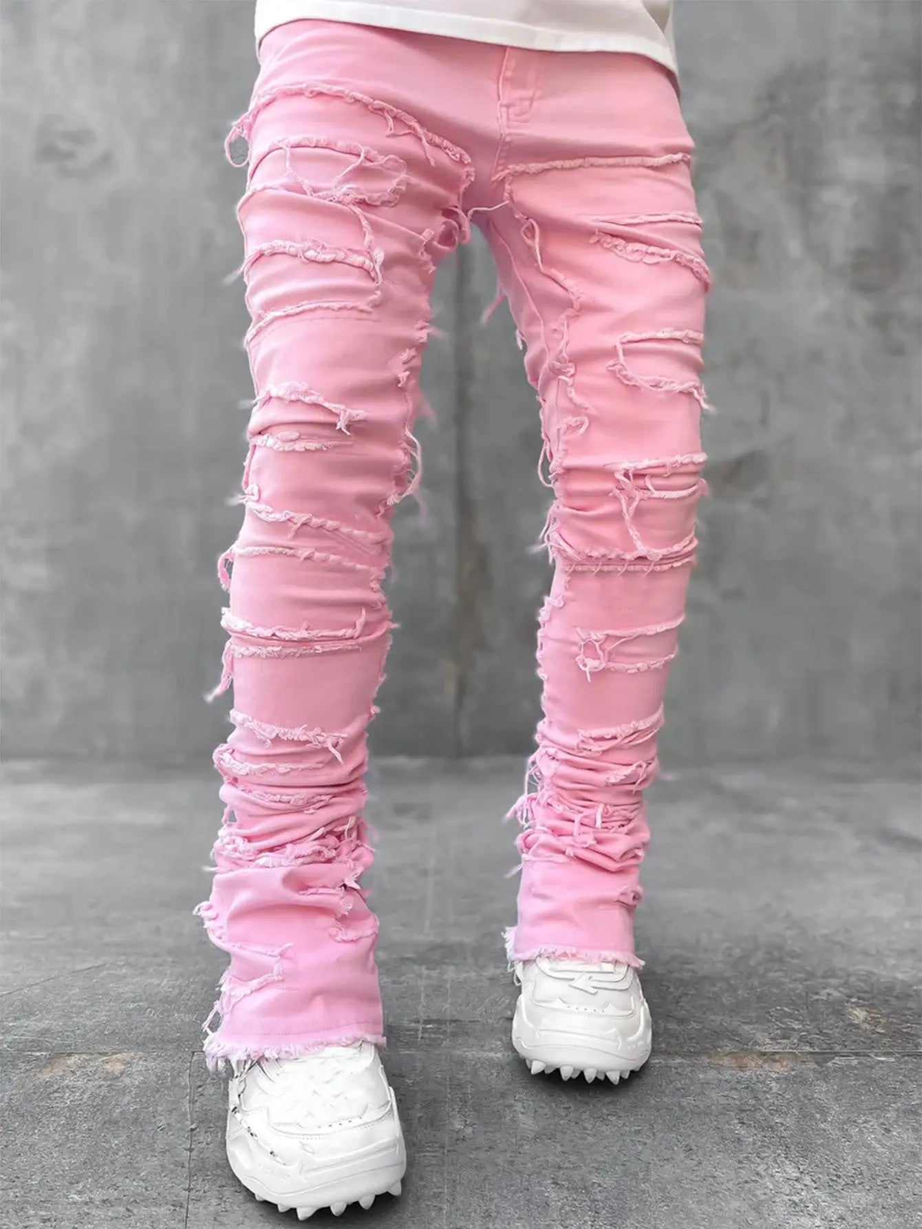 Men Trousers Individual Patched Pants Long Tight Fit Stacked Jeans for Mens Clothing - Basili Apparel Co.313038961978