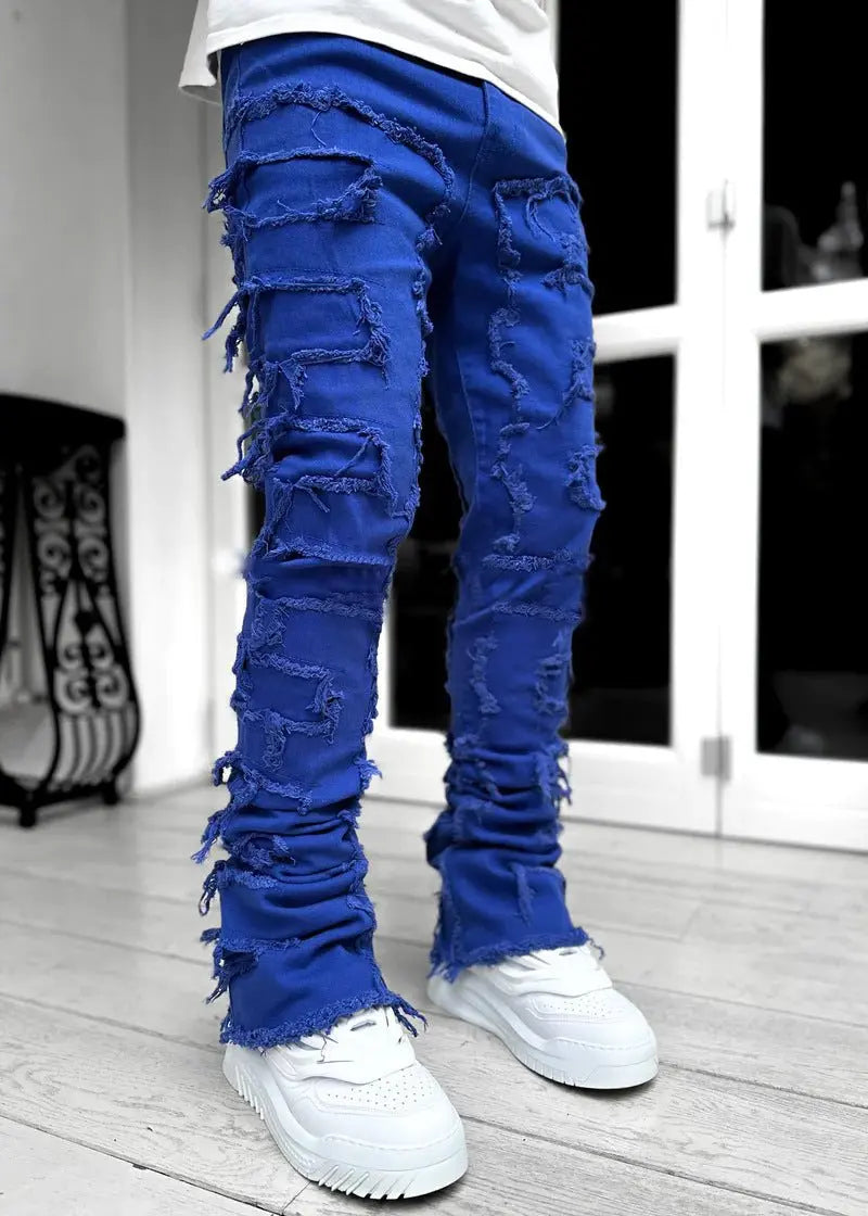 Men Trousers Individual Patched Pants Long Tight Fit Stacked Jeans for Mens Clothing - Basili Apparel Co.744759055194