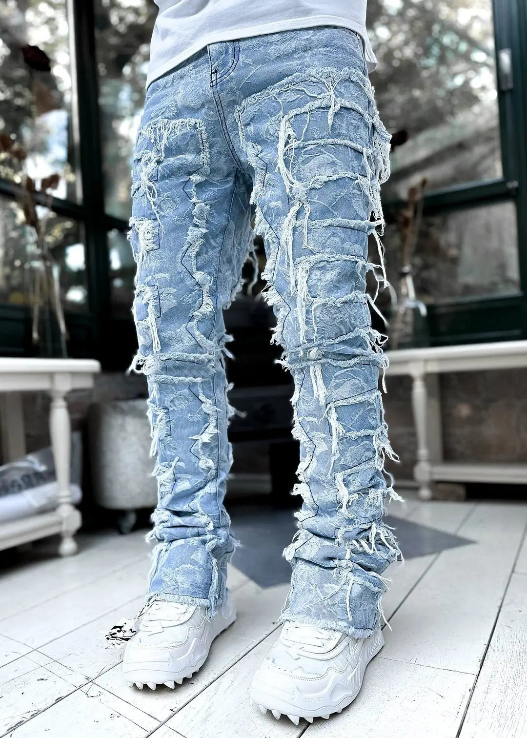 Men Trousers Individual Patched Pants Long Tight Fit Stacked Jeans for Mens Clothing - Basili Apparel Co.313022428470