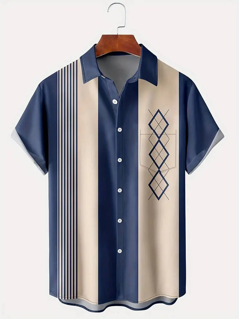 Men's Contrast Color Loose Short - sleeved Shirt Lapel - Basili Apparel Co.