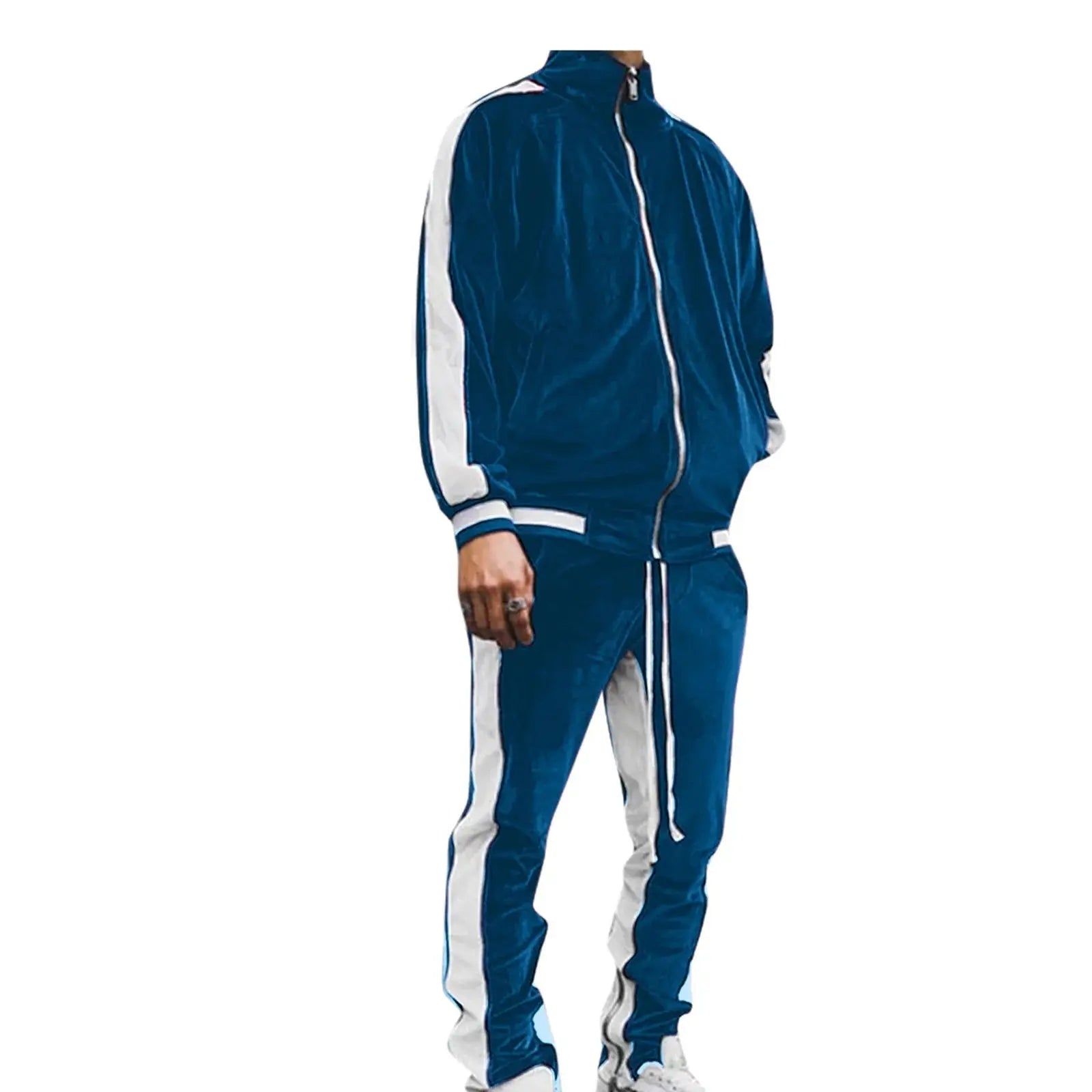 Men'S Two Piece Sweatsuits Clearance Striped Soft Golden Velvet Tracksuit for Men Casual Long Sleeve Zip up Jacket Sport Jogger Sweatpant Set Lightweight Outfit Set Blue S - Basili Apparel Co.313051769728