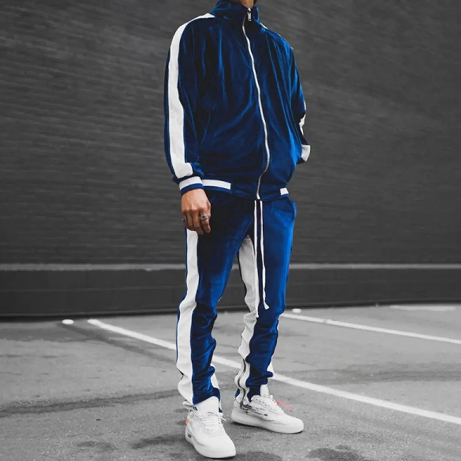 Men'S Two Piece Sweatsuits Clearance Striped Soft Golden Velvet Tracksuit for Men Casual Long Sleeve Zip up Jacket Sport Jogger Sweatpant Set Lightweight Outfit Set Blue S - Basili Apparel Co.313051769728